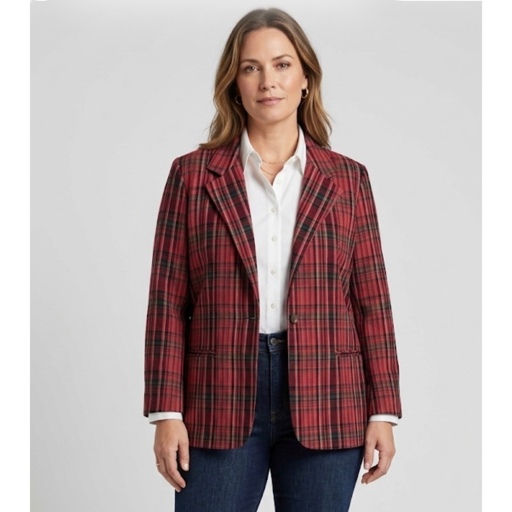 Vintage 90s Cotton Red Plaid Blazer Jacket 1X Made in USA Dark Academia Preppy